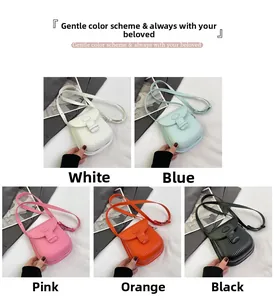 Detailed collage of colorful mini crossbody bags with vertical pleated texture and leather straps