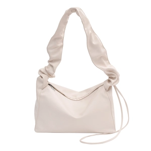 Elegant cream pleated cloud baguette bag with wide ruched strap and silver zipper detail