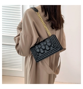 Rear view of a model wearing a black quilted crossbody bag with a gold chain strap on a coat