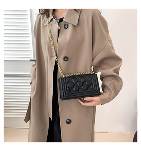Detail of black quilted crossbody bag with gold chain strap styled on a trench coat