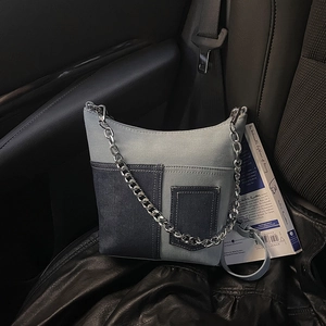 Women Fashion Denim Patchwork Shoulder Bag Vintage Blue Jeans Crossbody Bag With Silver Metal Chain Casual Versatile Bucket Bag