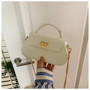 Close-up of cream crossbody bag with gold metal twist lock and detachable chain strap