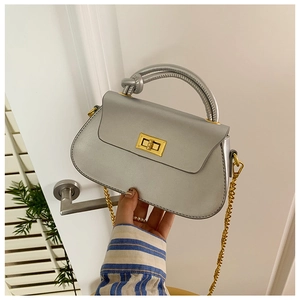 Detail showing the gold twist lock closure and metallic silver texture on crossbody bag