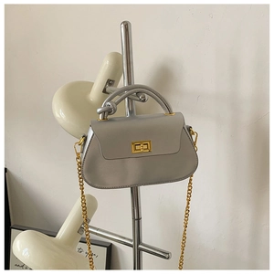 Detailed shot of silver synthetic leather handbag with gold chain and metal twist lock