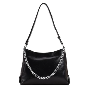 Fashionable black soft leather tote bag with silver chain strap and vintage pleated texture