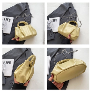 Detailed multi-angle views of yellow ruched cloud bag with woven handle and metal chain