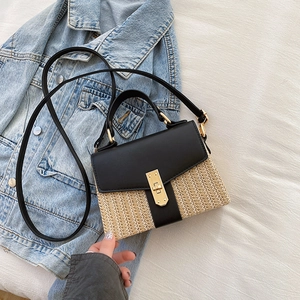 Damen Stroh Patchwork Umhängetasche PU Leder Crossbody Handtasche Mit Metallschnalle Sommer Urlaub Mode Quadrat Tasche