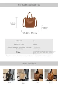 Detailed size chart and multi-color selection for this vintage PU leather bucket handbag