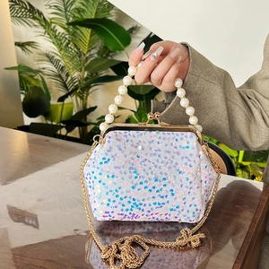 Vintage Shell Sequin Evening Bag For Women With Faux Artificial Pearl Handle And Gold Chain Crossbody Clutch For Wedding Party