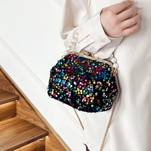 Elegant shell-shaped evening bag with colorful sequins, pearl handle and gold chain