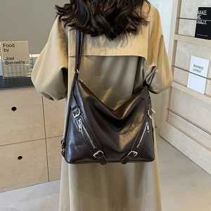 Fashionable dark brown large capacity faux leather tote bag with stylish zipper details