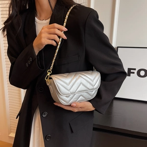 Silver V-quilted small square crossbody bag with metallic chain strap for women