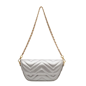 Elegant silver chevron quilted shoulder bag with gold chain strap on white background