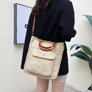 Women Casual Linen Tote Bag Large Capacity Crossbody Handbag With Front Pocket Adjustable Strap Daily Commute Shoulder Bag