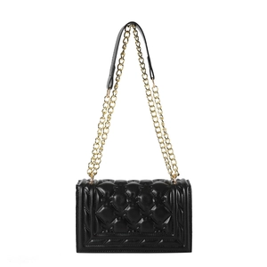 Classic black quilted leather shoulder bag with elegant gold chain strap and square shape