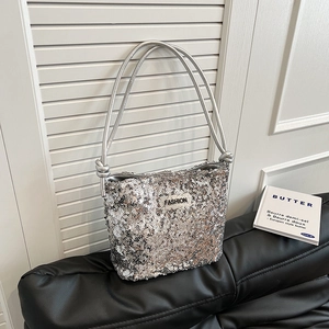 Women Sequin Bucket Bag Fashion Letter Label Knot Strap Shoulder Crossbody Bag Trendy Summer Party Banquet Handbag