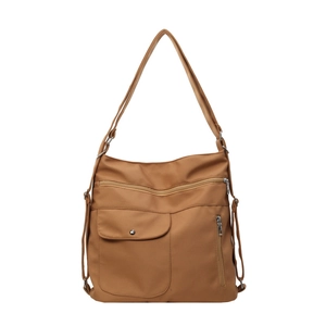 Brown large capacity nylon shoulder bag with multiple zippered pockets and silver hardware