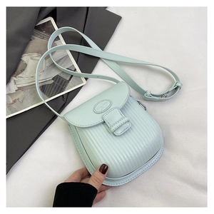 Detail of mint green crossbody bag with pleated texture and Fashion Bags logo plaque