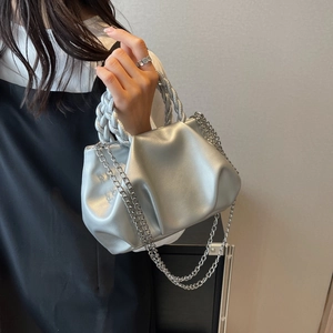 Silver metallic pleated cloud bag with braided handle and chain strap for women