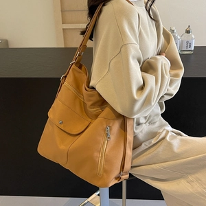 Women Large Capacity Multi-Pocket Shoulder Bag Casual Korean Style Fashion Canvas PU Leather Daily Commute Tote Hobo Bag