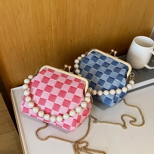 Mini tweed checkered clasp bag with pearl chain and gold strap in pink and blue