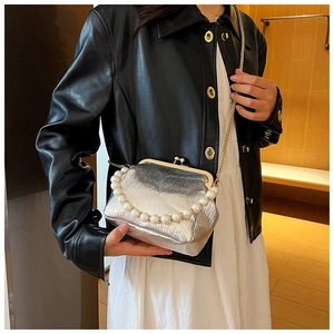 Silver metallic pleated bag with large pearl handle and elegant gold chain detail