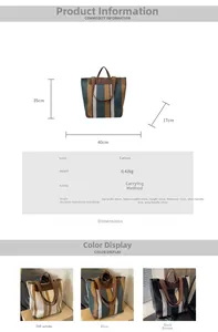 Detailed size specifications and material chart for striped canvas tote bags in three colors
