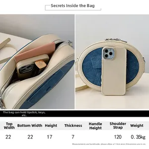Size guide for round crossbody bag with dimensions 22x17x7cm and chain strap detail