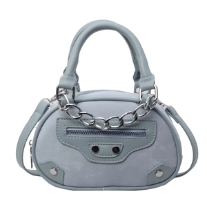 Retro light blue round crossbody bag with silver chains and metallic rivets detail