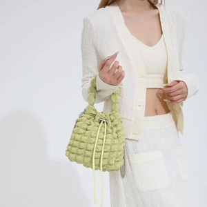 Chic lime green bubble textured bucket bag with silver chain strap for women