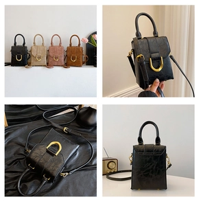 Detail view of retro mini crossbody bag with gold buckle in black, beige, pink, and brown