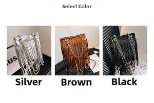 Détails des sacs seaux à franges en similicuir en coloris argent, marron et noir