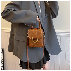 Close-up of brown textured crossbody phone bag with a golden horseshoe metal buckle