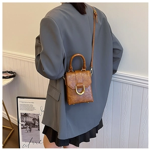 Brown vintage textured mini crossbody bag with gold D-buckle detail worn by model