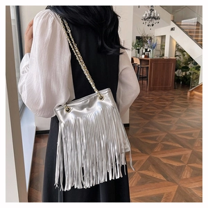 Gros plan d'un sac à franges argenté avec une bandoulière dorée sur un mannequin