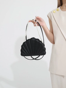 Fashion Women Shell Shaped Shoulder Bag PU Leather Quilted Pleated Handbag With Artificial Pearl Handle Chain Daily Crossbody Bag