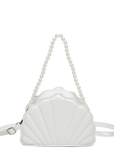 White quilted shell-shaped handbag with elegant pearl handle and adjustable shoulder strap