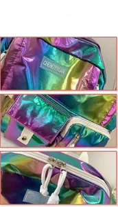 Macro shot of colorful laser-coated backpack fabric with dual zippers and logo patch