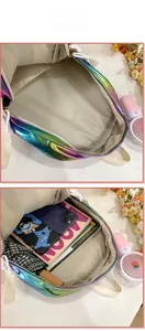 Macro view of laser holographic backpack showing large capacity and internal storage
