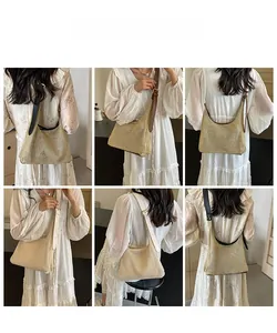 Detail shots of models wearing the hollow woven shoulder bag with adjustable leather straps