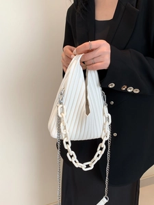 Trendy white pleated PU crossbody bag with chunky white chain and silver metal strap