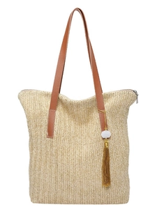 Sac seau d'été en paille avec bandoulières en cuir marron et élégante pampille