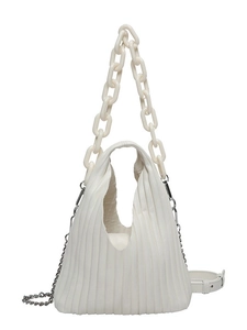 White pleated PU leather shoulder bag with chunky acrylic chain and crossbody strap