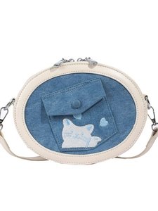 Denim blue crossbody bag with white leather trim and cute cat embroidery for women