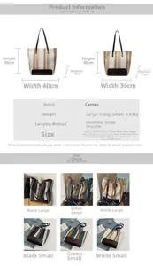 Detailed size chart for striped canvas tote bag showing dimensions for large and small sizes