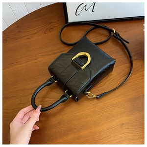 Detail view of black textured mini handbag featuring a golden horseshoe hardware buckle