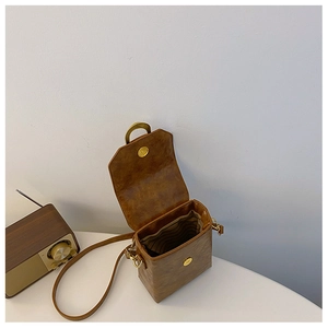 Macro view of retro brown mini crossbody bag with magnetic buckle and striped lining