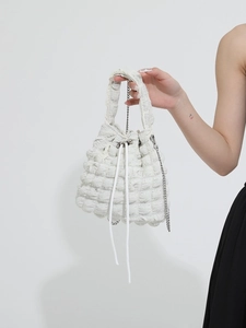 Women Casual PU Leather Popcorn Texture Bucket Bag Pleated Cloud Shoulder Bag With Silver Metal Chain Drawstring Handbag