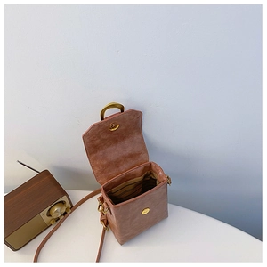 Close-up of retro brown textured mini bag with golden metal handle and striped lining