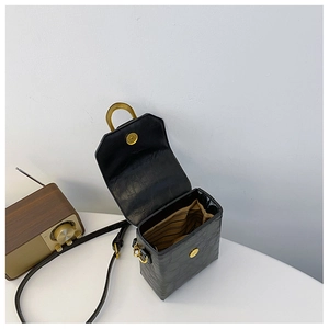 Detail showing vintage black cracked leather texture and gold hardware on minimalist mini bag